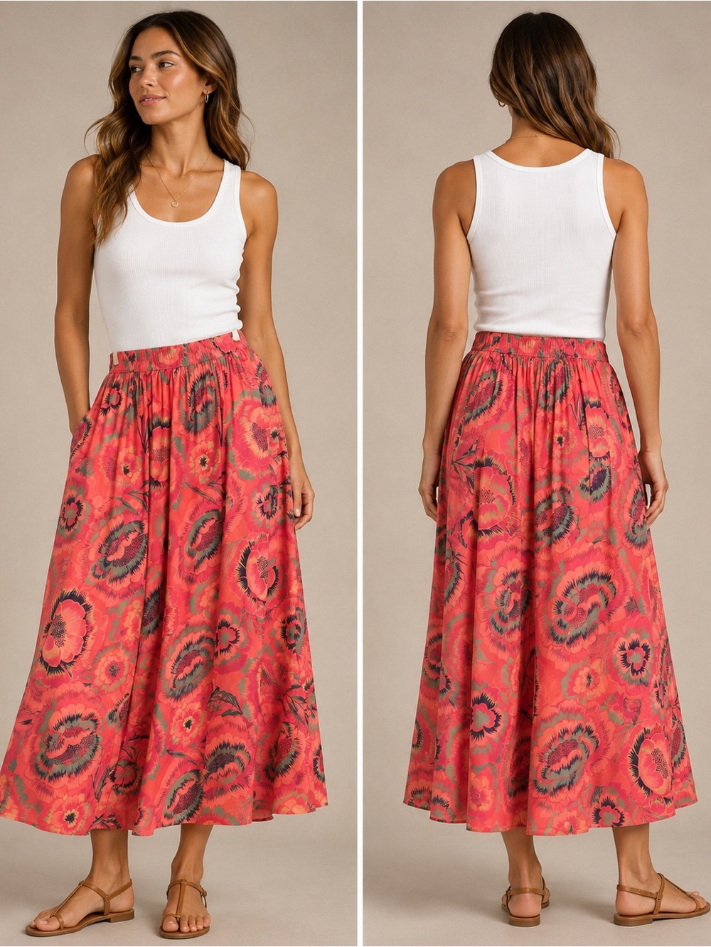 Christian Siriano Elastic Waist Floral A-Line Maxi Skirt Red Size Large